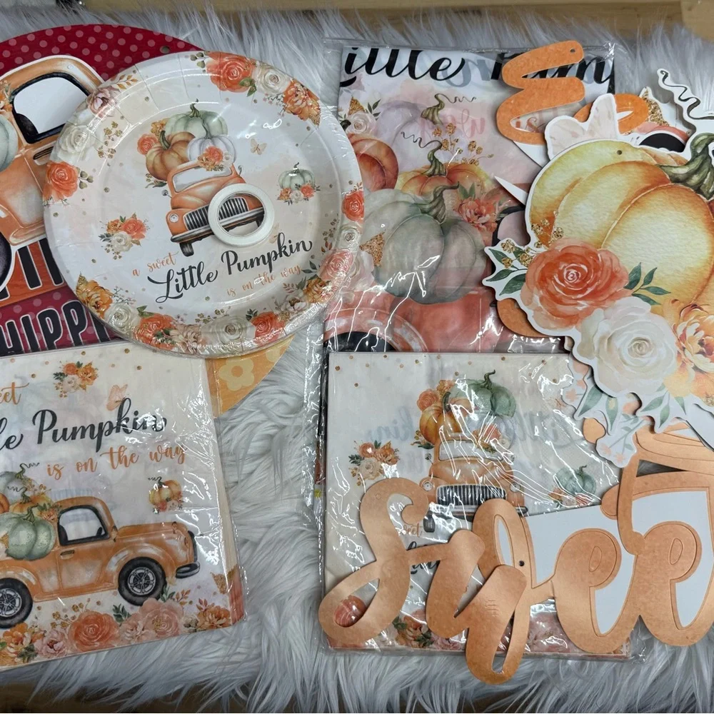 Little Pumpkin Autumn Party Paper Plates & Napkins - Orange Pumpkin Design